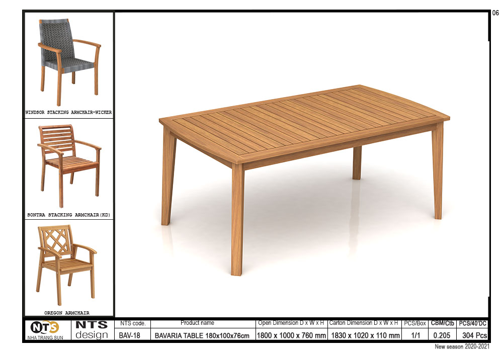 BAVARIA TABLE 180 x 100 x 76 Cm