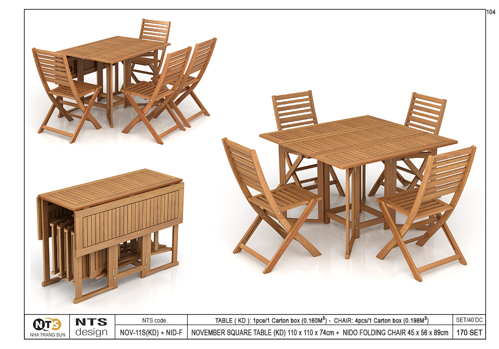 SET- NOVEMBER SQUARE TABLE (KD) 110 x 110 x 74cm + NIDO FOLDING CHAIR 450 x 560 x 890cm