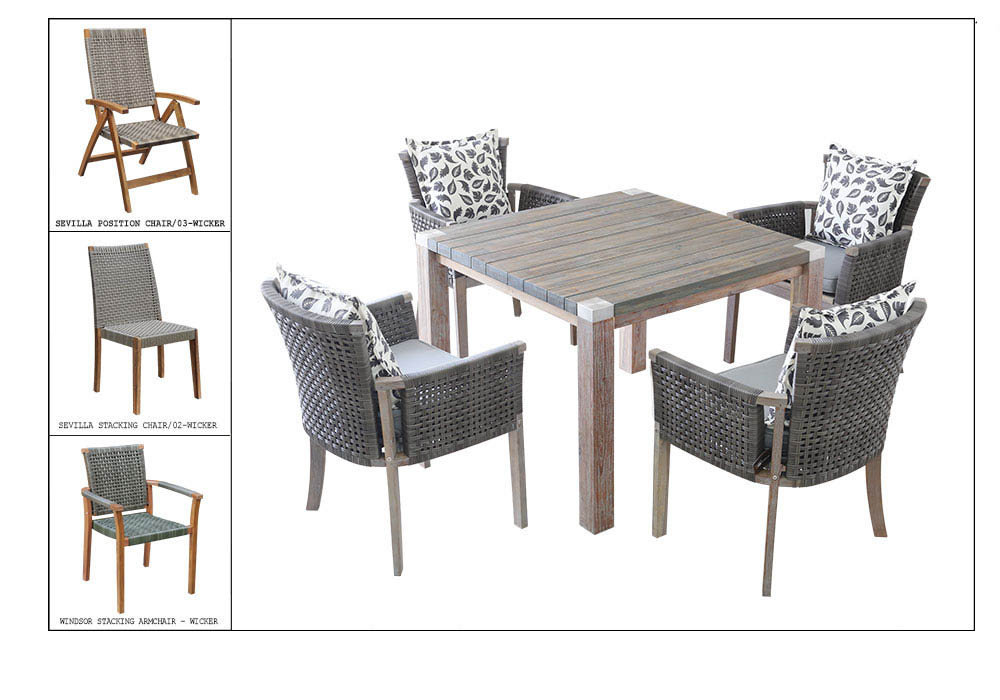 SET(5pcs)- 1 RIO TABLE 100 x 100 x 75Cm + 4 RIO ARMCHAIR HIGHBACK-WICKER WITH SEAT CUSHION & PL