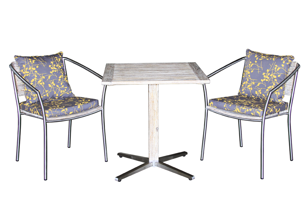 RAVENNA SQUARE TABLE WITH 2 PESCARA STACKING ARMCHAIRS/W/CUSHION